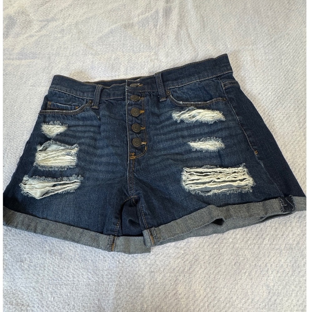 Mudd High Rise Midi Denim Jorts Dark Wash Distressed Button Fly Size 7 Stretch